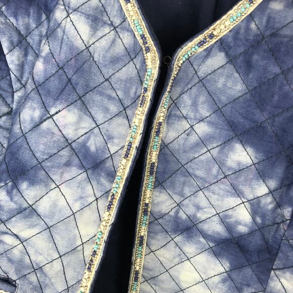 Mango MNG Blue & White Tie Dye Quilted Beaded Long Sleeve Jacket Large - Picture 5 of 16